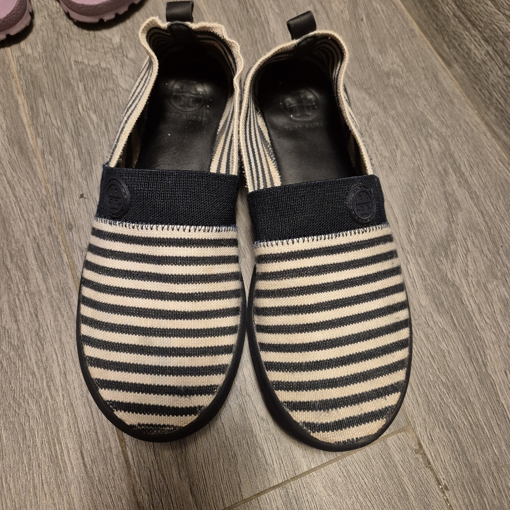 Tory Burch Blue and Cream Striped MICAH  SLIP ON Sneakers  striped woven 8
